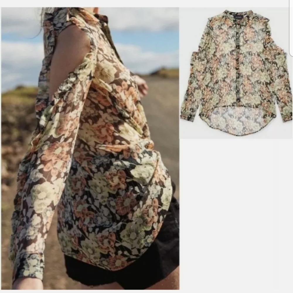 The Kooples Floral Sheer Open Shoulder Ruffle Top NWT